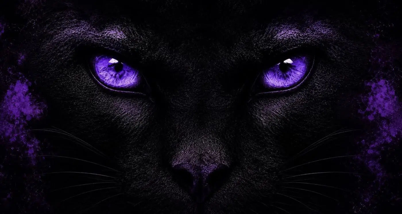 Nahaufnahme der Augen eines schwarzen Panthers mit violettem Schimmer
